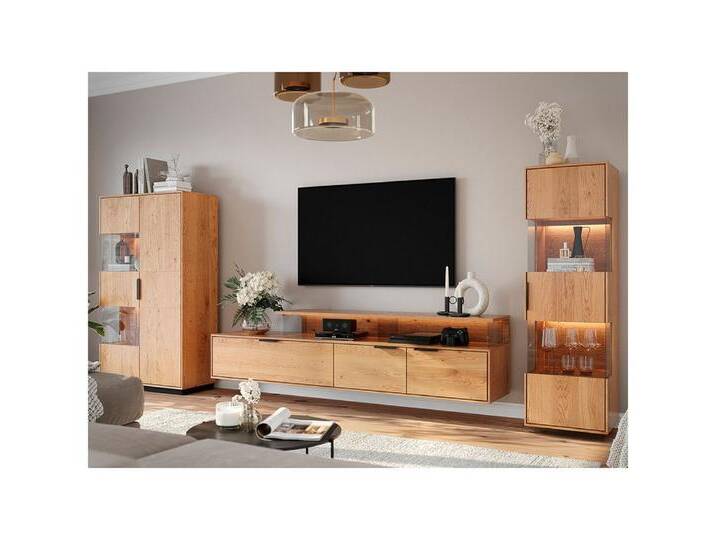 Lomadox Wohnwand TIVAT-163, (3-St., Vitrine Lowboard Highboard), Eiche massiv geölt inkl. LED-Beleuchtung, braun von OTTO