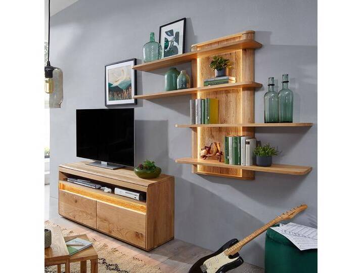 Lomadox Wohnwand WELLAND-69, (2-St., Lowboard Wandregal), in Eiche massiv geölt inkl. LED-Beleuchtung, montiert, braun von OTTO