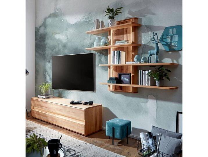 Lomadox Wohnwand WELLAND-69, (2-St., Lowboard Wandregal), in Kernbuche massiv geölt inkl. Beleuchtung, montiert, braun von OTTO