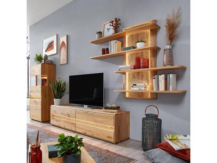 Lomadox Wohnwand WELLAND-69, (3-St., Highboard Lowboard Wandregal), in Eiche massiv geölt inkl. Beleuchtung, montiert, braun von OTTO