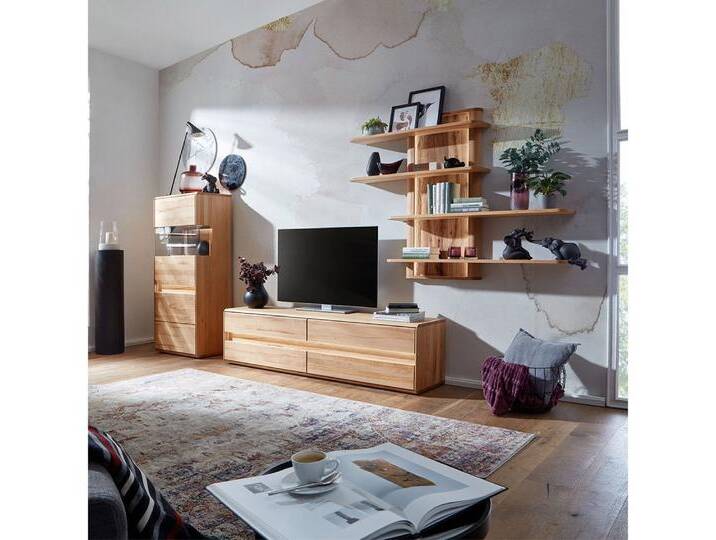 Lomadox Wohnwand WELLAND-69, (3-St., Highboard Lowboard Wandregal), in Kernbuche massiv geölt inkl. Beleuchtung, montiert, braun von OTTO