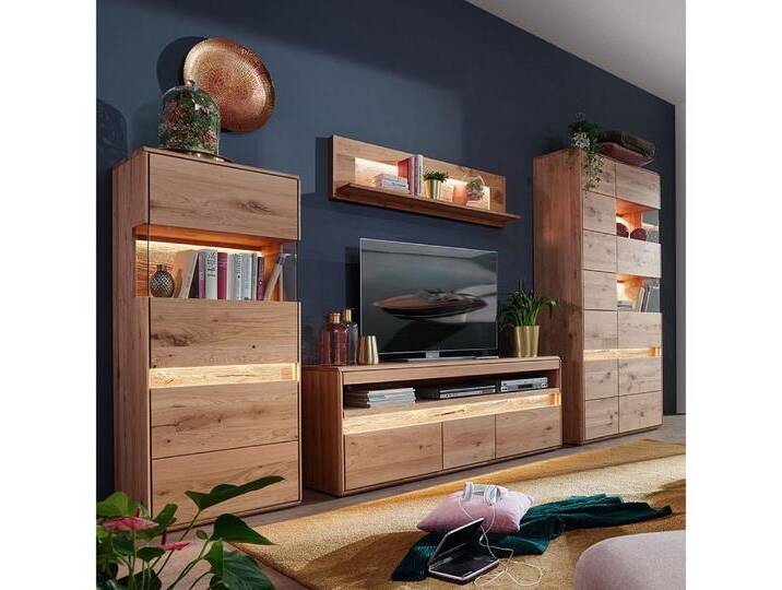 Lomadox Wohnwand WELLAND-69, (4-St., Highboard Lowboard Vitrine), in Eiche massiv geölt inkl. Beleuchtung, montiert, braun von OTTO