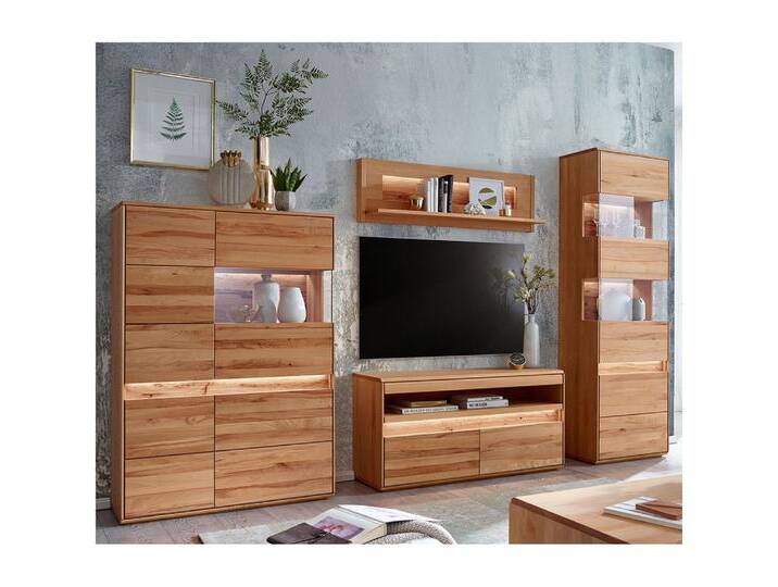 Lomadox Wohnwand WELLAND-69, (4-St., Highboard Lowboard Vitrine), in Kernbuche massiv geölt inkl. Beleuchtung, montiert, braun von OTTO
