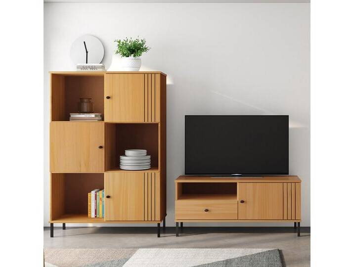 Lomadox Wohnwand WILLOW-69, (2-St., Highboard Lowboard), Kiefer massiv Massivholz eichfarbig Rillen Design, braun von OTTO