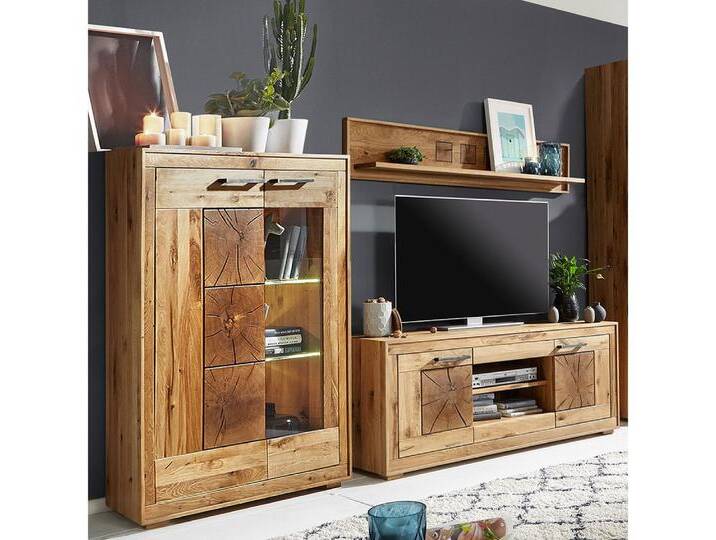 Lomadox Wohnwand WINNIPEG-69, (3-St., Highboard Wandboard Lowboard Beleuchtung), Wildeiche massiv geölt mit Hirnholz-Element, inkl. Beleuchtung, braun von OTTO