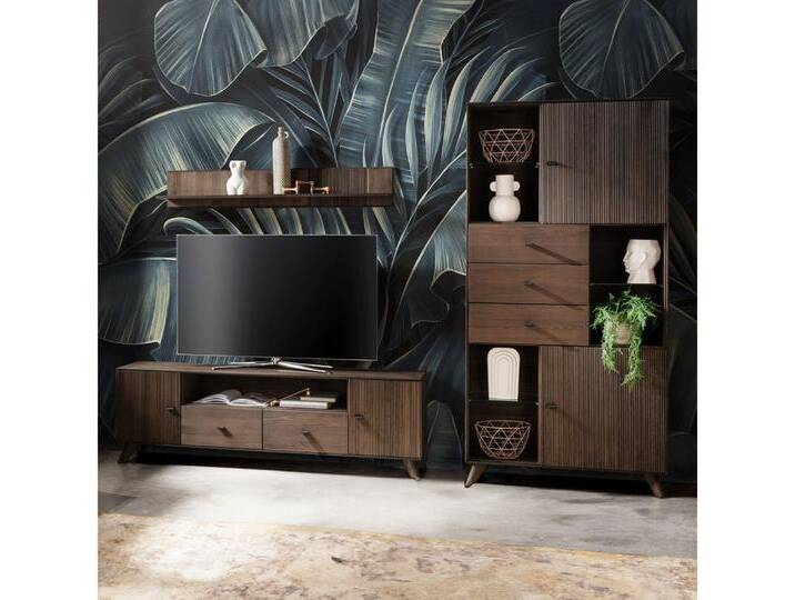 Lomadox Wohnwand WOODVILLE-69, (3-St., Lowboard Vitrinenschrank Wandregal), Retro Design, Rillen, Dunkelbraun, Massivholz, braun von OTTO