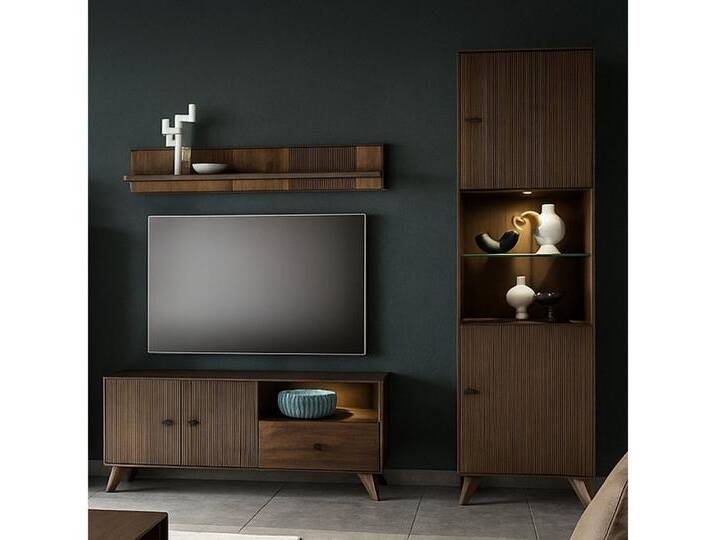 Lomadox Wohnwand WOODVILLE-69, (3-St., Lowboard Wandregal Wohnzimmerschrank), Retro Design, Rillen, Dunkelbraun, Massivholz, braun von OTTO