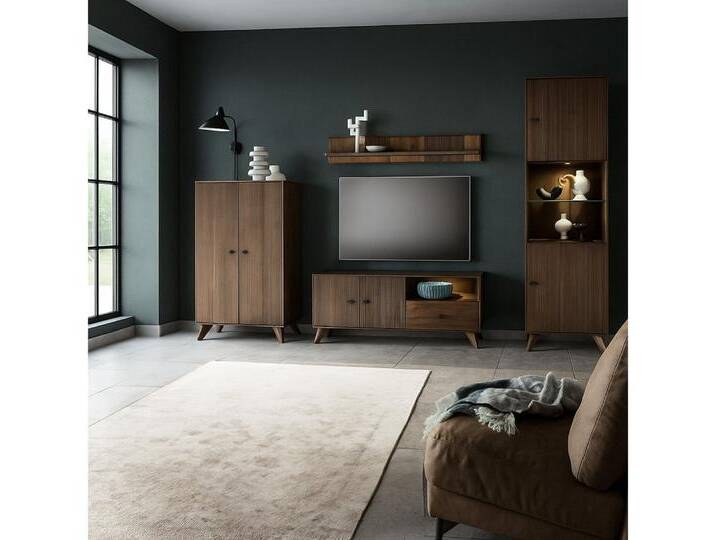 Lomadox Wohnwand WOODVILLE-69, (4-St., Highboard Lowboard Wandregal Wohnzimmerschrank), Retro Design, Rillen, Dunkelbraun, Massivholz, braun von OTTO
