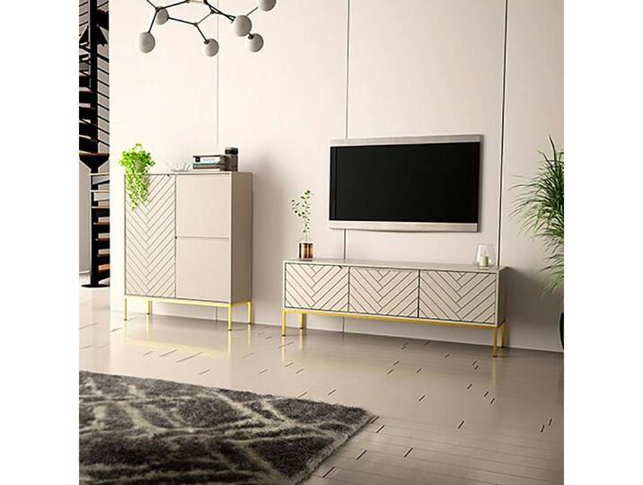 Lomadox Wohnzimmer-Set ANGERA-140, (Mega-Spar-Set, 2-St., Lowboard Kommode), modern in kaschmir mit Fischgrät Design und goldfarbenen Metallgestell von OTTO