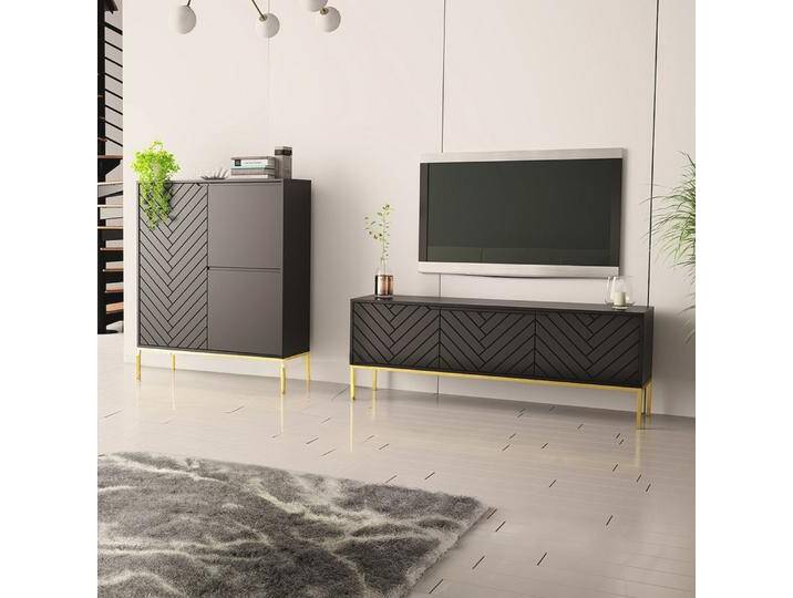 Lomadox Wohnzimmer-Set ANGERA-140, (Mega-Spar-Set, 2-St., Lowboard Kommode), modern in schwarz mit Fischgrät Design und goldfarbenen Metallgestell von OTTO