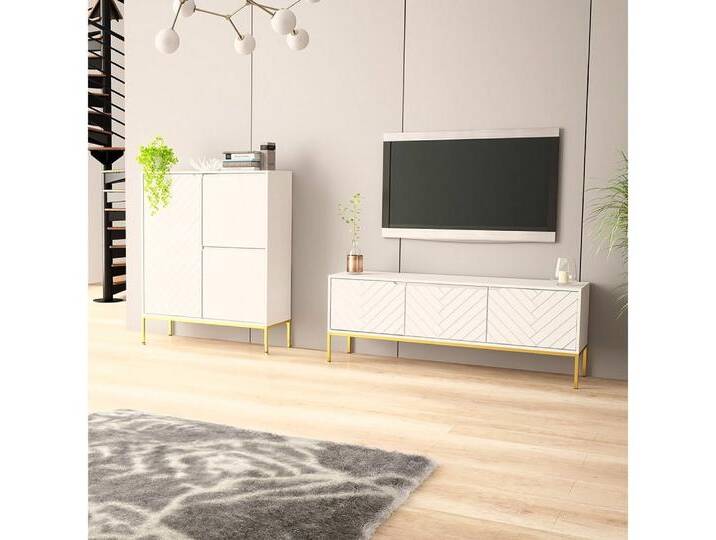 Lomadox Wohnzimmer-Set ANGERA-140, (Mega-Spar-Set, 2-St., Lowboard Kommode), modern in weiß mit Fischgrät Design und goldfarbenen Metallgestell, weiß von OTTO