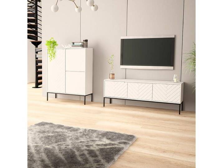 Lomadox Wohnzimmer-Set ANGERA-140, (Mega-Spar-Set, 2-St., Lowboard Kommode), modern in weiß mit Fischgrät Design und schwarzen Metalgestell, weiß von OTTO