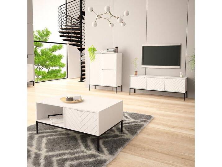 Lomadox Wohnzimmer-Set ANGERA-140, (Mega-Spar-Set, 3-St., Lowboard Couchtisch Kommode), modern in weiß mit Fischgrät Design und schwarzen Metalgestell von OTTO