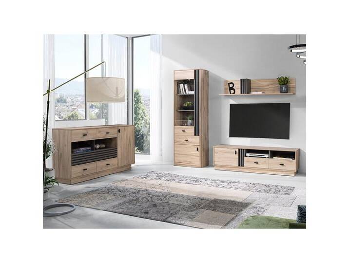 Lomadox Wohnzimmer-Set ANTIGUA-133, (Mega-Spar-Set, 4-St., Vitrine Sideboard Lowboard Wandregal), in Eiche mit anthrazitfarbenen Details von OTTO
