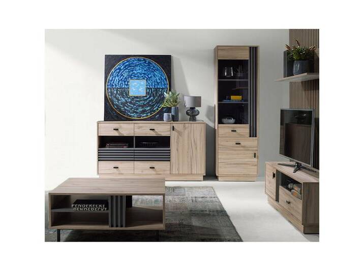 Lomadox Wohnzimmer-Set ANTIGUA-133, (Mega-Spar-Set, 5-St., Vitrine Sideboard Lowboard Wandregal Couchtisch), in Eiche mit anthrazitfarbenen Details von OTTO