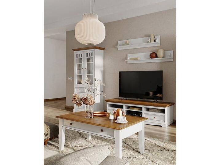 Lomadox Wohnzimmer-Set BORMIO-163, (Mega-Spar-Set, 5-St., Vitrinenschrank TV-Lowboard Wandboards Couchtisch), Massivholz in weiß mit Eiche Optik von OTTO