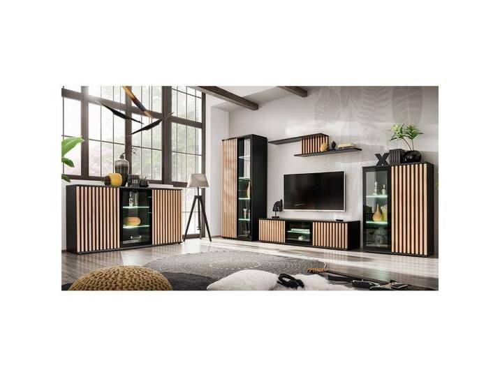 Lomadox Wohnzimmer-Set CATANZARO-164, (Mega-Spar-Set, 5-St., Sideboard Vitrine Wandboard Lowboard Highboard), in schwarz mit Lamellen in Hickory Eiche von OTTO