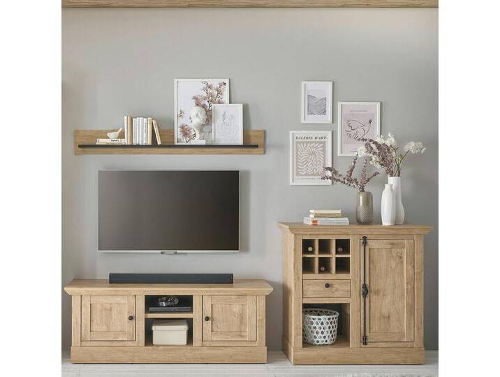 Lomadox Wohnzimmer-Set COLBY-61, (Mega-Spar-Set, 3-St., Kommode Lowboard Wandregal), in Eiche mit LED-Beleuchtung, Landhausstil, schwarze Metallgriffe von OTTO