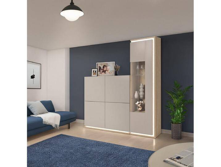 Lomadox Wohnzimmer-Set DRACHTEN-83, (Mega-Spar-Set, 2-St., Highboard Vitrine), Wohnmöbel Eiche kaschmir Modern inkl. LED-Beleuchtung, braun von OTTO