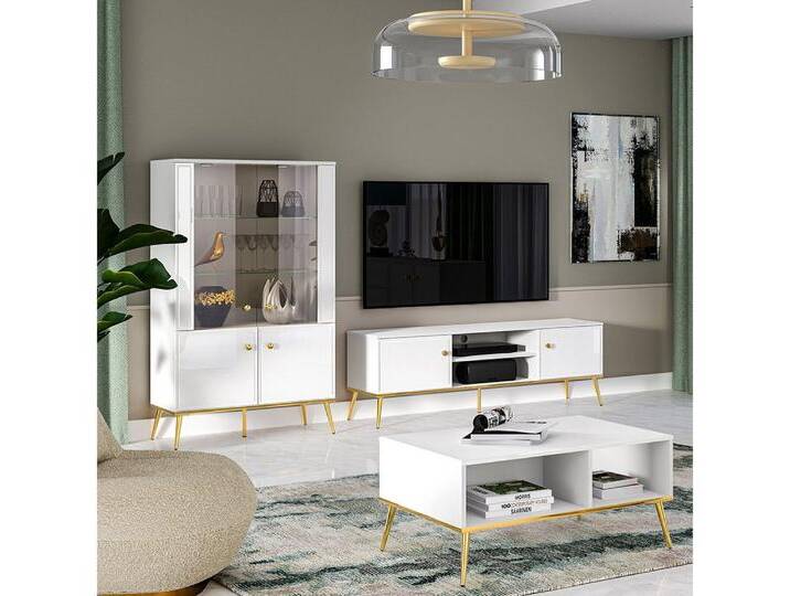 Lomadox Wohnzimmer-Set GUBIN-131, (Mega-Spar-Set, 3-St., Highboard Lowboard Couchtisch), weiß Hochglanz, goldfarbene Details, Wohnwand, Anbauwand von OTTO