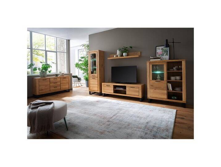 Lomadox Wohnzimmer-Set KUMASI-06, (Mega-Spar-Set, 5-St., Highboard Lowboard Sideboard Vitrine Wandregal), in Eiche teilmassiv, inkl. LED-Beleuchtung von OTTO
