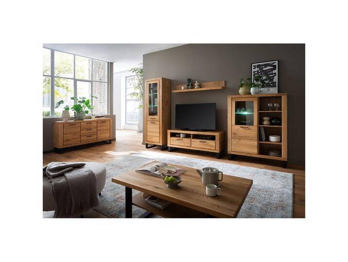 Lomadox Wohnzimmer-Set KUMASI-06, (Mega-Spar-Set, 6-St., Couchtisch Highboard Lowboard Sideboard Vitrine Wandregal), in Eiche teilmassiv, inkl. LED-Beleuchtung von OTTO