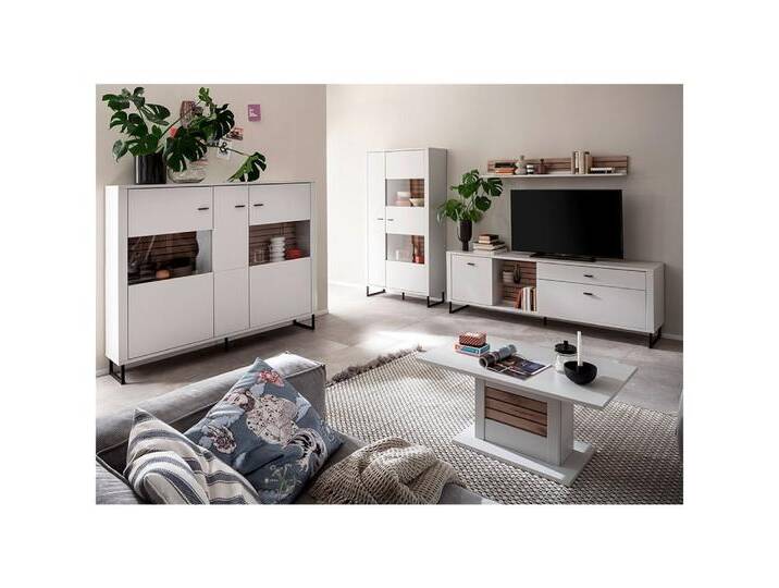 Lomadox Wohnzimmer-Set LAUREANA-05, (Mega-Spar-Set, 5-St., Highboard Vitrine Wandboard Lowboard Couchtisch), Wohnwand Wohnzimmermöbel, weiß mit Eiche von OTTO
