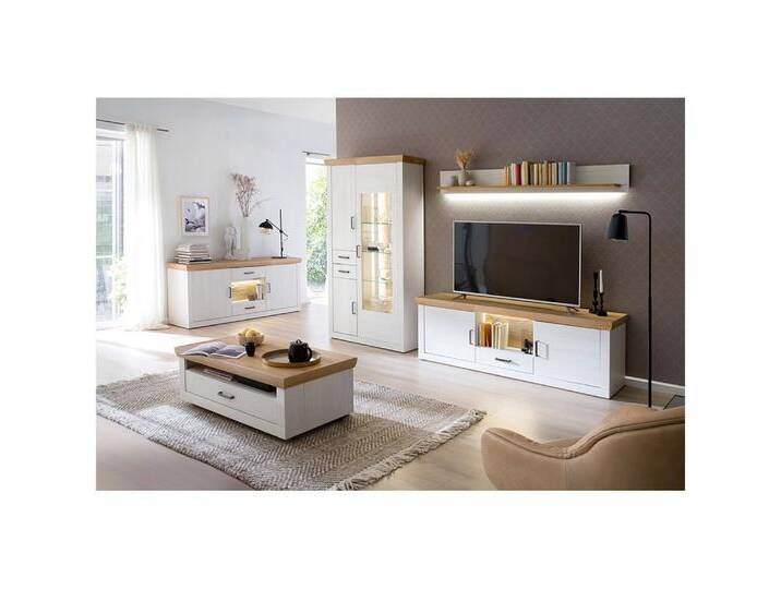 Lomadox Wohnzimmer-Set MARINGA-05, (Mega-Spar-Set, 5-St., 5-tlg), Wohnmöbel Set, 5-teilig, in Pinie weiß mit Eiche Nb., im Landhaus Stil, weiß von OTTO