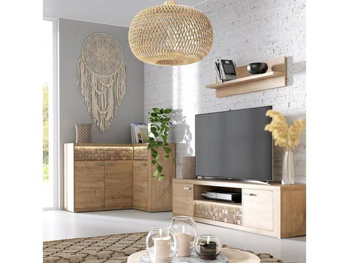 Lomadox Wohnzimmer-Set NUSCO-161, (Mega-Spar-Set, 3-St., Eckkommode TV-Lowboard Wandboard), Eiche Nb., 3-teilig, braun von OTTO