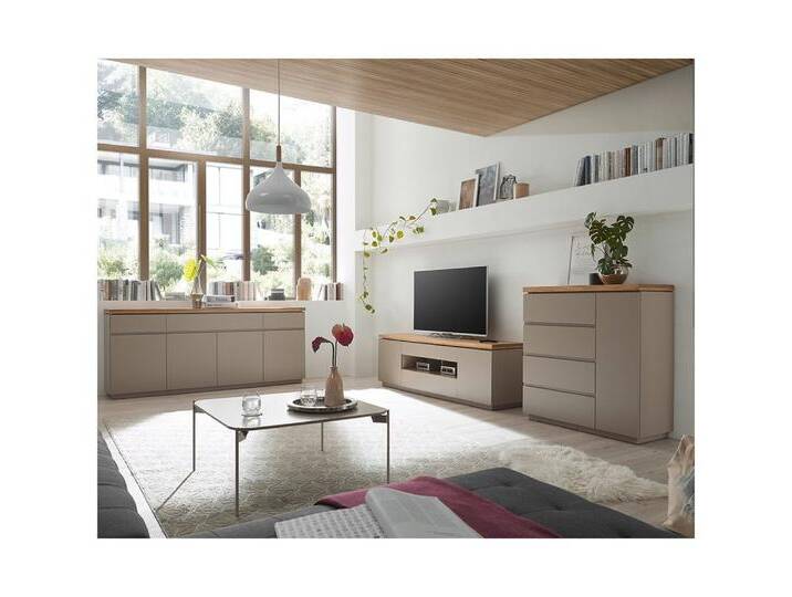 Lomadox Wohnzimmer-Set PALMAS-05, (Mega-Spar-Set, 3-St., Lowboard Sideboard Kommode), grau Deckplatte Akazie massiv Softclose Türen griffloses Design von OTTO