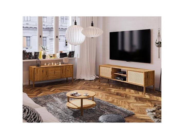 Lomadox Wohnzimmer-Set PORI-165, (Mega-Spar-Set, 3-St., Sideboard Lowboard Couchtisch), Wildeiche massiv geölt, Rattangeflecht, Echtholz/Massivholz von OTTO