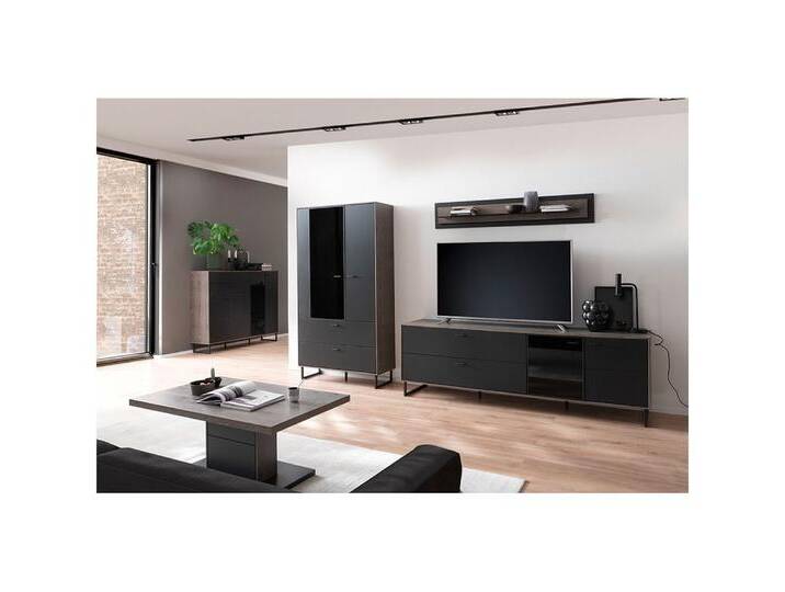 Lomadox Wohnzimmer-Set VARAZZE-05, (Mega-Spar-Set, 5-St., Highboard Vitrine TV-Lowboard Wandboard Couchtisch), Softblack mit Eiche Furnier, zum Teil montiert von OTTO