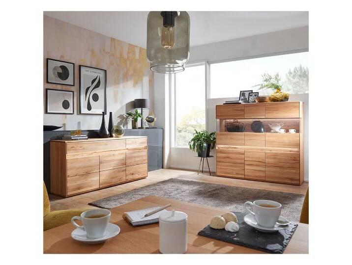 Lomadox Wohnzimmer-Set WELLAND-69, (Mega-Spar-Set, 2-St., Highboard Sideboard), in Kernbuche massiv geölt inkl. Beleuchtung, montiert, braun von OTTO