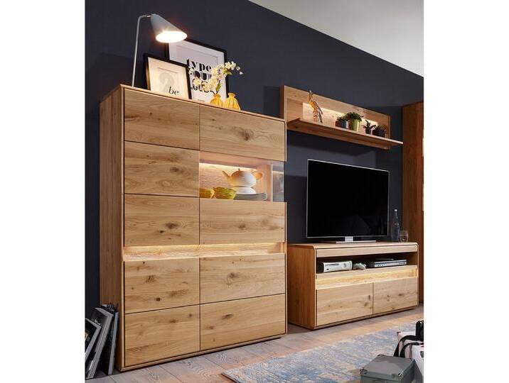 Lomadox Wohnzimmer-Set WELLAND-69, (Mega-Spar-Set, 3-St., Highboard Lowboard), in Eiche massiv geölt inkl. Beleuchtung, montiert, braun von OTTO