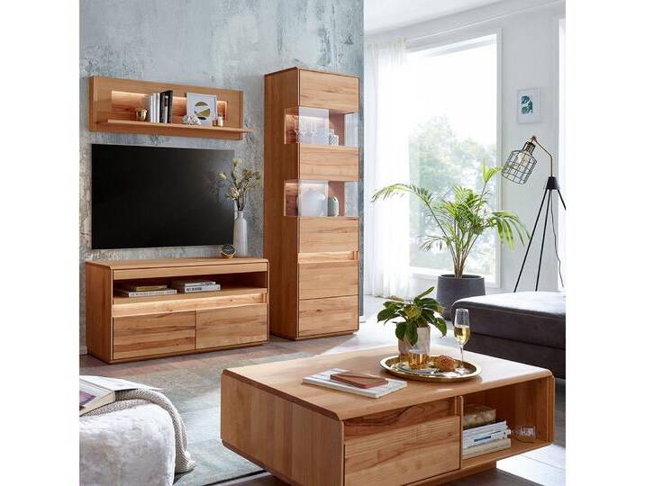 Lomadox Wohnzimmer-Set WELLAND-69, (Mega-Spar-Set, 4-St., Couchtisch Lowboard Vitrine), in Kernbuche massiv geölt inkl. Beleuchtung, montiert, braun von OTTO
