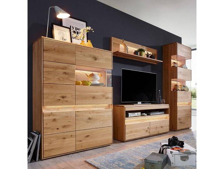 Lomadox Wohnzimmer-Set WELLAND-69, (Mega-Spar-Set, 4-St., Highboard Lowboard Vitrine), in Eiche massiv geölt inkl. Beleuchtung, montiert, braun von OTTO