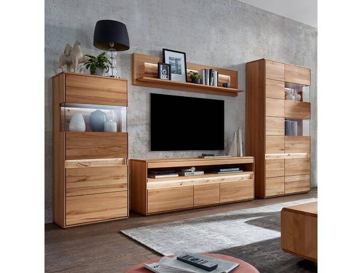 Lomadox Wohnzimmer-Set WELLAND-69, (Mega-Spar-Set, 4-St., Highboard Lowboard Vitrine Wandregal), in Kernbuche massiv geölt inkl. Beleuchtung, montiert von OTTO