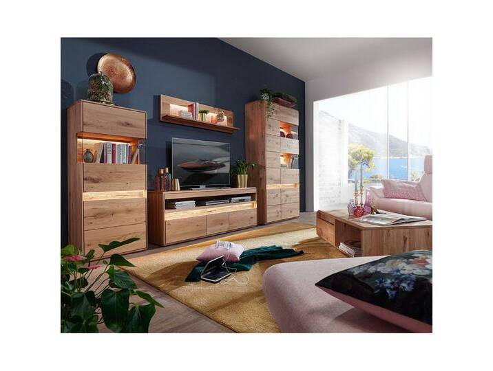 Lomadox Wohnzimmer-Set WELLAND-69, (Mega-Spar-Set, 5-St., Couchtisch Highboard Lowboard Vitrine), in Eiche massiv geölt inkl. Beleuchtung, montiert von OTTO