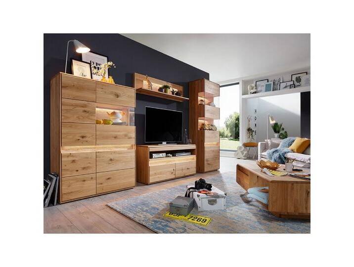 Lomadox Wohnzimmer-Set WELLAND-69, (Mega-Spar-Set, 5-St., Couchtisch Highboard Lowboard Vitrine), in Eiche massiv geölt inkl. Beleuchtung, montiert von OTTO