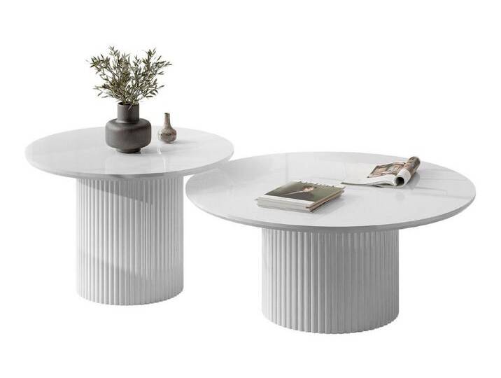 Lookway Couchtisch OVI-Tischset mit geriffelter Basis (2er Set), Durchmesser: ⌀80 cm und ⌀60 cm, weiß, Weiß / Weiß hochglanz von OTTO