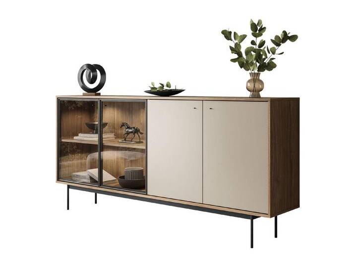 Lookway Kommode ISA 4D Sideboard mit vier Türen und LED-Beleuchtung, Breite: 200 cm, beige, hohe schwarze Metallfüße von OTTO