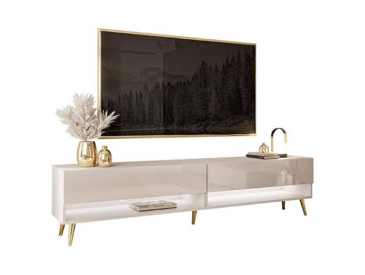 Lookway Lowboard CALANTE 180 cm RTV Schrank auf Beinen und LED-Beleuchtung, beige, schräge Gold Chrom Beine, Kaschmir / Kaschmir Hochglanz von OTTO