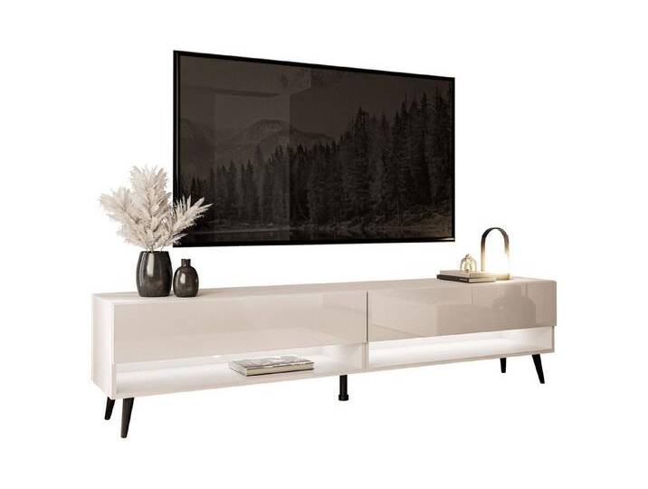 Lookway Lowboard CALANTE 180 cm RTV Schrank auf Beinen und LED-Beleuchtung, beige, schräge Schwarze Beine, Kaschmir / Kaschmir Hochglanz von OTTO