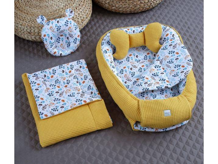 Loolay Bettnestchen Senfgelb WAFFELPIQUE/ BLUMEN Türkis Babynest Babyausstattung, (Reisebett Nestchen SOLO/ o. in PREMIUM Geschenk SETS für Neugeborene, 5-tlg., 4 Jahreszeiten ATMUNGSAKTIVER WAFFELSTOFF Bestseller GESCHENK), LOOLAY® - 100% Europäische Stoffe und Kleinserien-Nähen! von OTTO