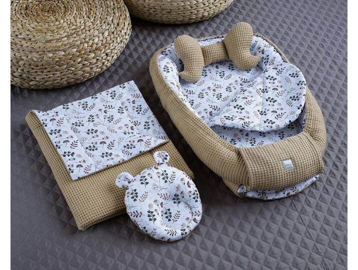 Loolay Bettnestchen Taupe WAFFELPIQUE/ BLUMEN Braun 5 TLG SET Babynest Babyausstattung, (PREMIUM Nestchen Geschenk SET für Neugeborene, 5-tlg., Nestchen für Mädchen und Junge, Babynestchen von OTTO