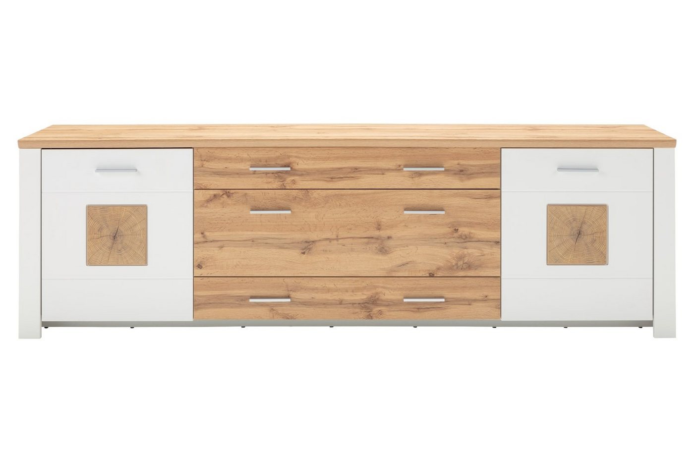 LIV'IN Sideboard MATERA, B 240 x T 46 cm, Weiß supermatt, Eiche Altholz Dekor, 2 Türe und 3 Schubladen von LIV'IN