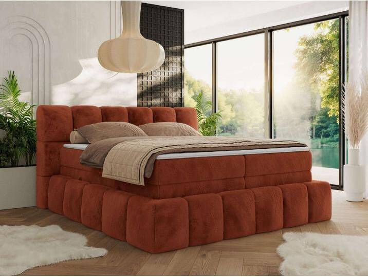 MKS MÖBEL Boxspringbett NIRA KING (Doppelbett-Set mit Topper & Bettkasten, 7-Zonen-Taschenfederkern, Härte H3/H4 wählbar, Topper 5 cm), breites, weiches Kopfteil, Komfortliegehöhe, robuste Ausführung, orange von OTTO