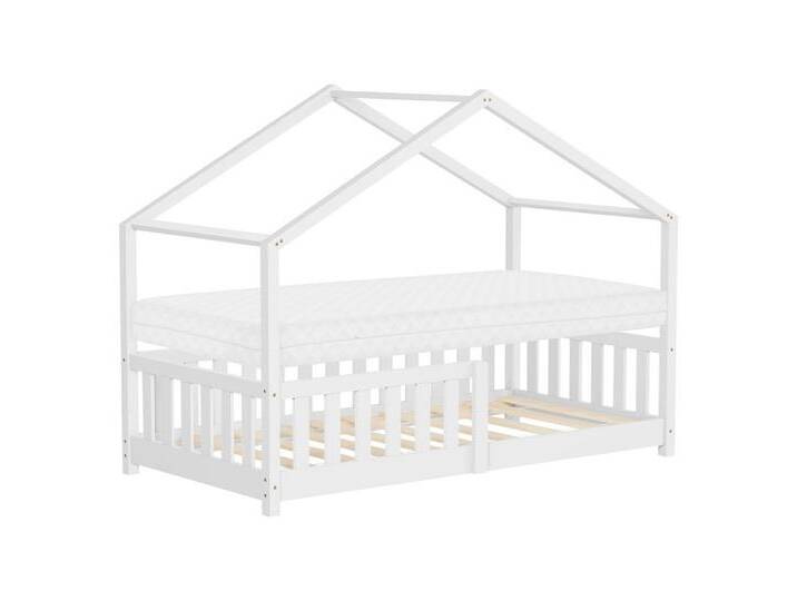 ML-DESIGN Spielbett Hausbett Kinderbett inkl. Lattenrost & Rausfallschutz Kinder Bodenbett, Abenteuerbett 80x160cm mit Matratze Himmelbett Kiefer Jugendbett Weiß, weiß von OTTO