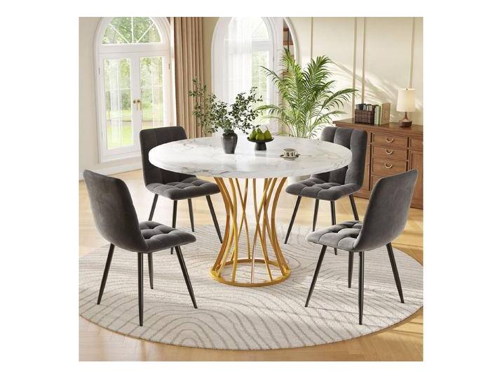 MODFU Essgruppe Esstisch mit 4 Stühlen, (Esstisch-Set (5 Teile) – Runder Küchentisch mit 80 cm, weiße Marmoroptik, goldene Metallbeine, 4 Samtstühle von OTTO