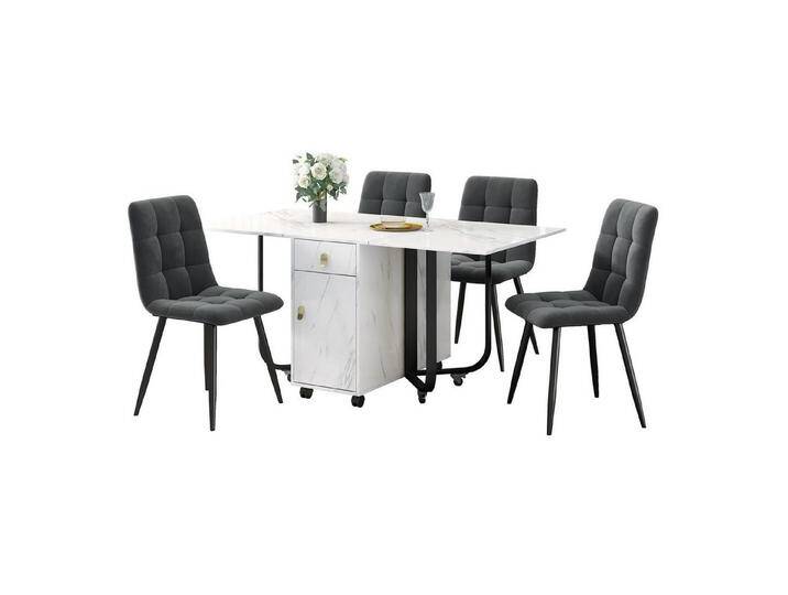 MODFU Essgruppe Esstisch mit 4 Stühlen, (Klappbarer Küchentisch Set, Samt Esszimmerstühle, 5-tlg., Tischplatte mit Marmormuster) von OTTO